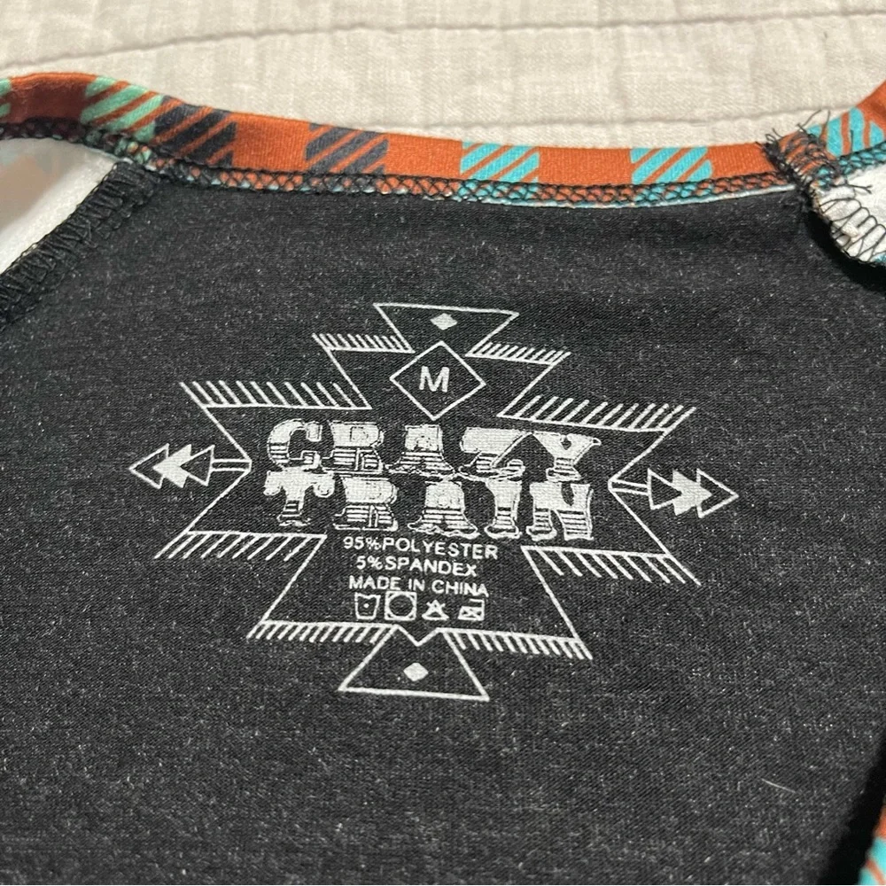 CRAZY TRAIN Black Multicolor Plaid 3/4 Sleeve Stretch Top Shirt Size M - Picture 2 of 5